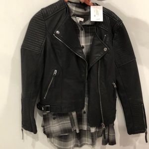 Black Leather BP jacket with black plaid shirt